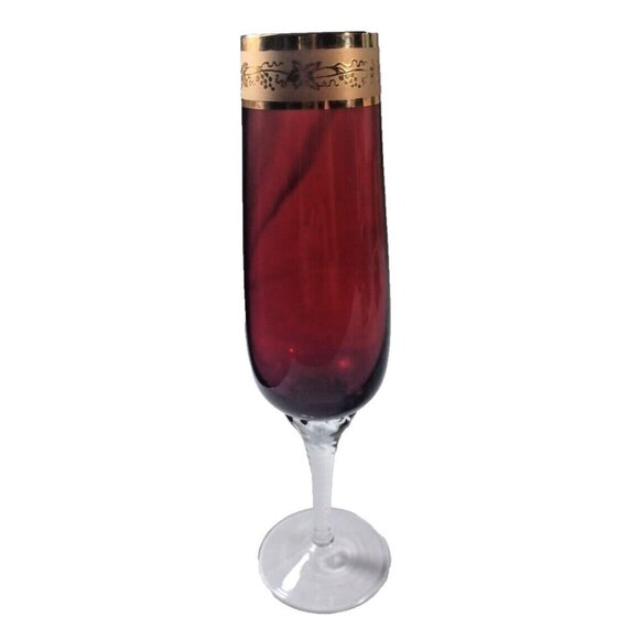 A Ruckl & Sons Champagne Glass Ruby Red With Etched Gold Trim - Picture 1 of 5